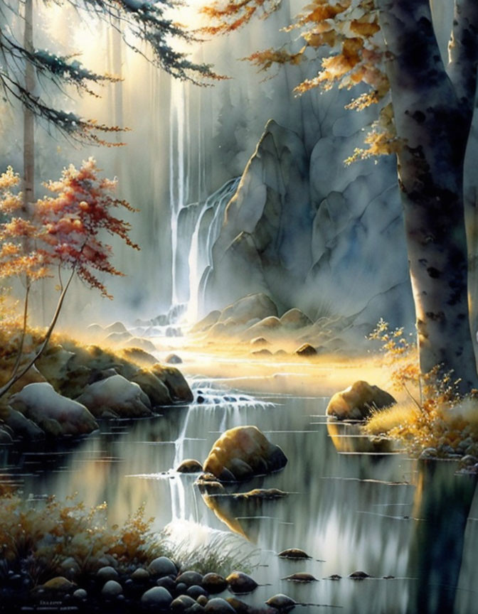 Tranquil forest waterfall with autumn leaves and sunlit pond