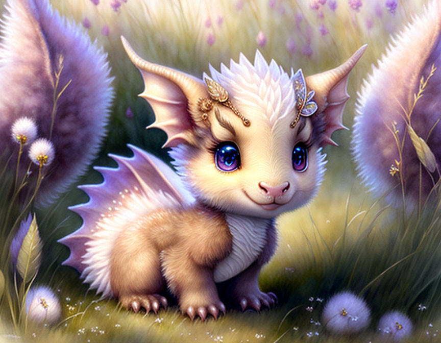 Fantastical creature with blue eyes, fur, horns, and wings in purple plant field