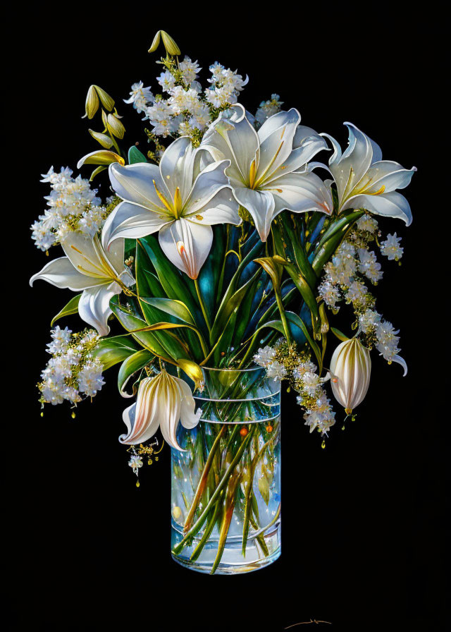 White lilies and baby's breath bouquet in clear glass vase on dark background