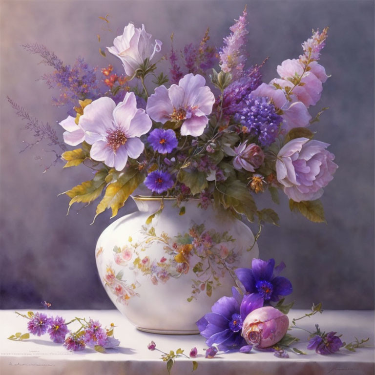 White vase with delicate floral patterns and purple/white flowers on muted purple backdrop