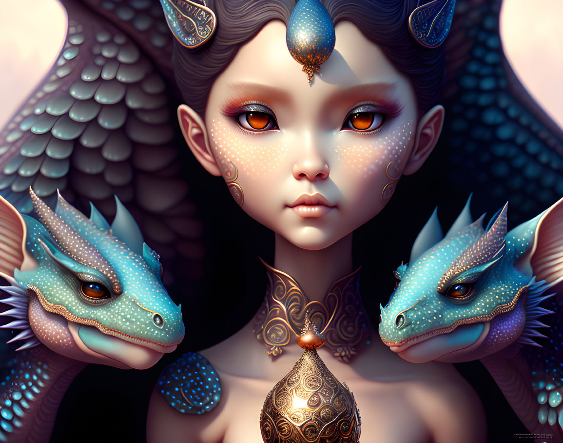 Fantastical portrait of female figure with dragon-like features and blue reptilian creatures.