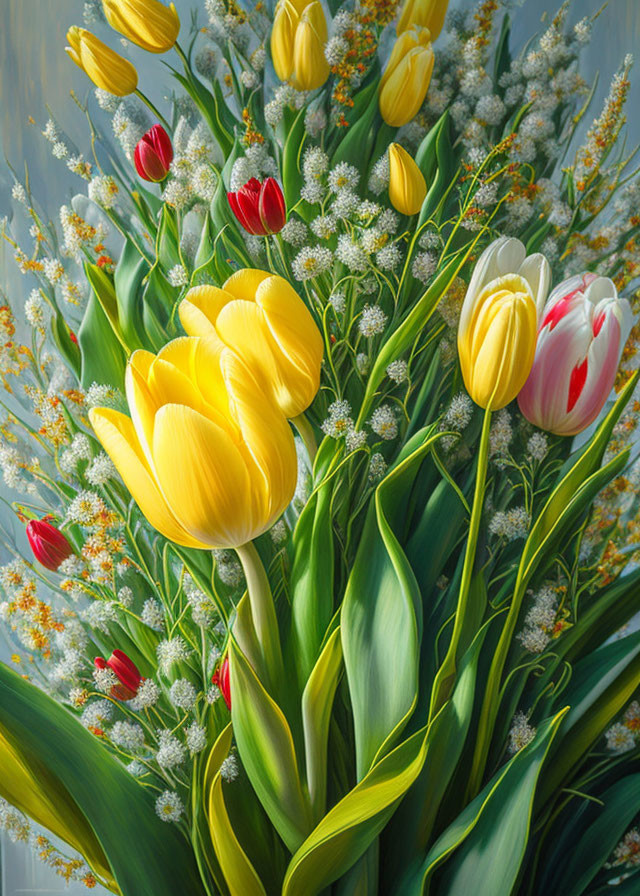 Colorful Tulip Bouquet with White Flowers and Greenery on Soft Background