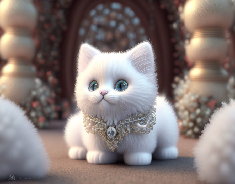 Fluffy white kitten with blue eyes and ornate collar in front of patterned archway