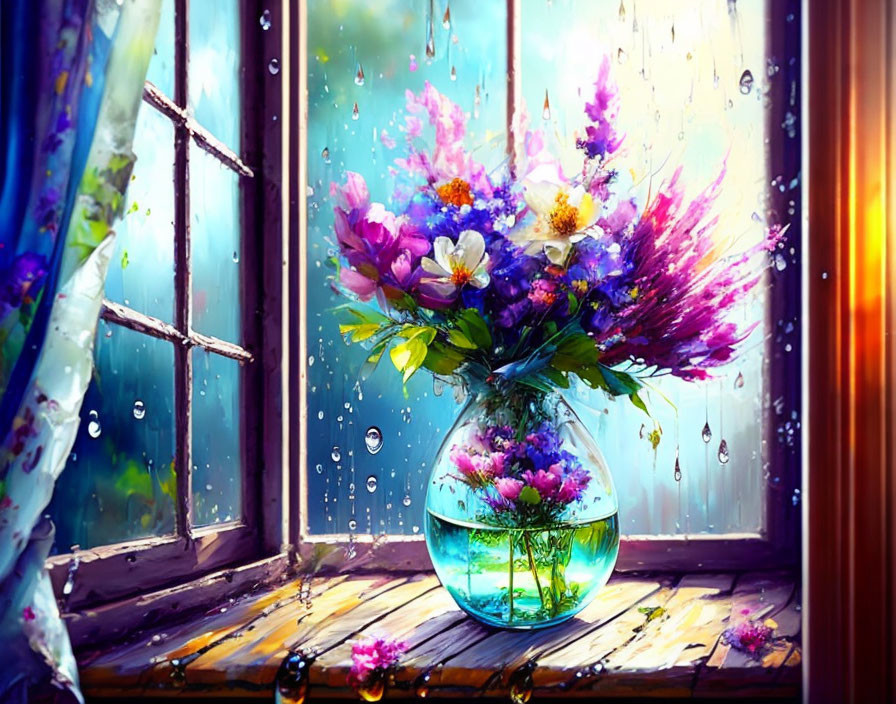 Vibrant bouquet in glass vase on rain-splattered windowsill with flowing curtain