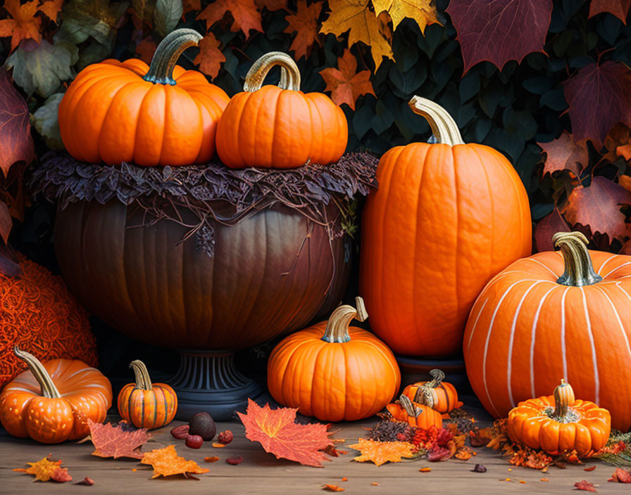 Vibrant Autumn Pumpkin and Leaf Arrangement