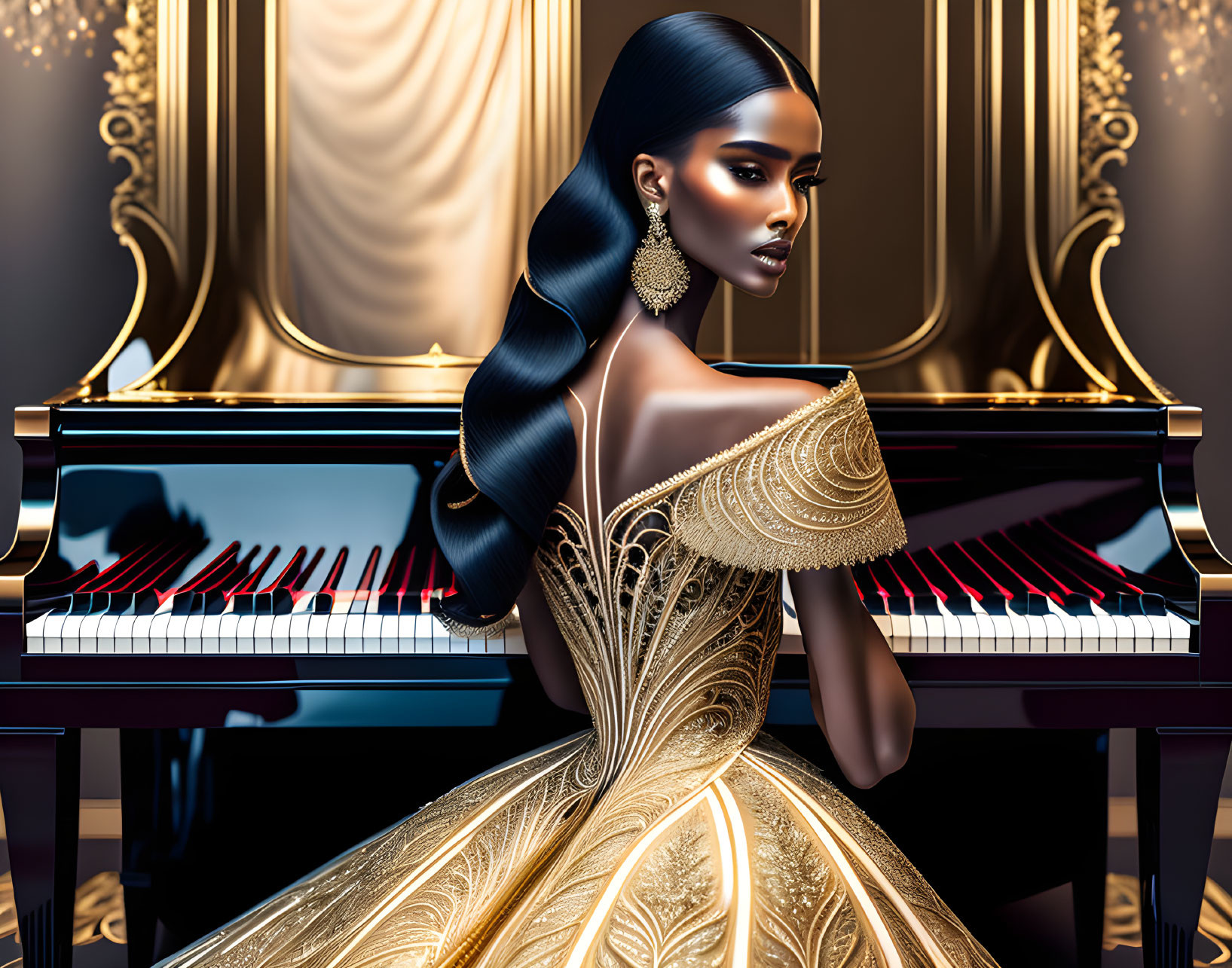 Golden Gown Woman Playing Piano in Luxurious Room