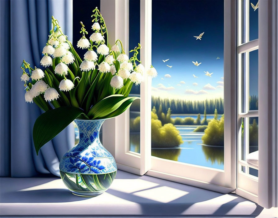 Serene lake landscape with white lily-of-the-valley flowers