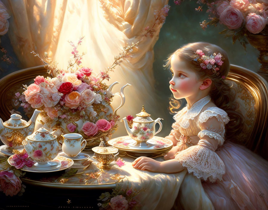 Young girl in lacy dress at ornate tea table with floral tea set and roses in soft golden