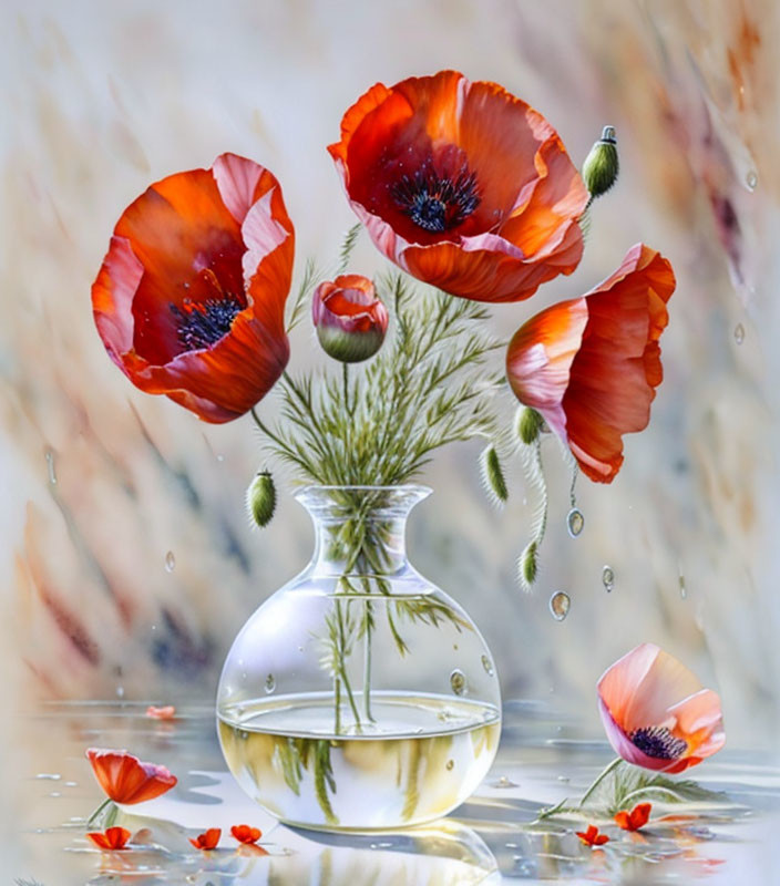 Vibrant red poppies in clear vase with water on reflective surface against soft background