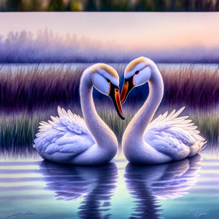 Swans creating heart shape on tranquil lake at dusk