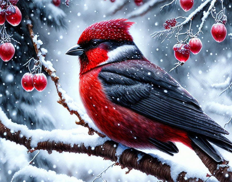 Winter scene with red cardinal on snowy branch