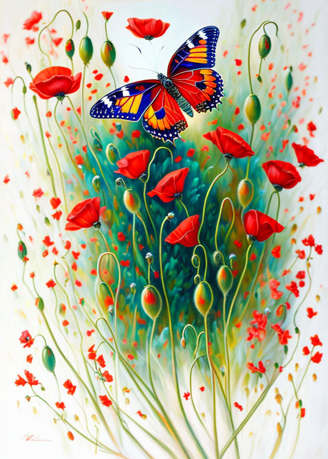 Colorful painting of red poppies and butterfly on white background