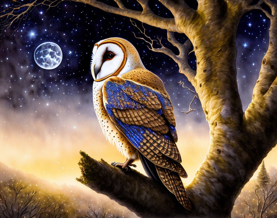 Illustration of barn owl on tree branch under starry sky