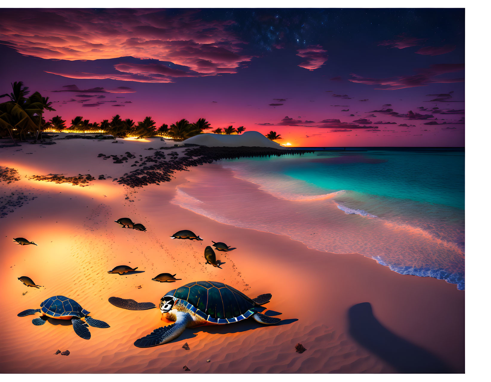 Violet-pink sunset beach scene with baby turtles and palm tree shadows