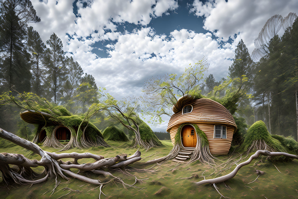 Curved wooden houses in forest landscape with dramatic sky