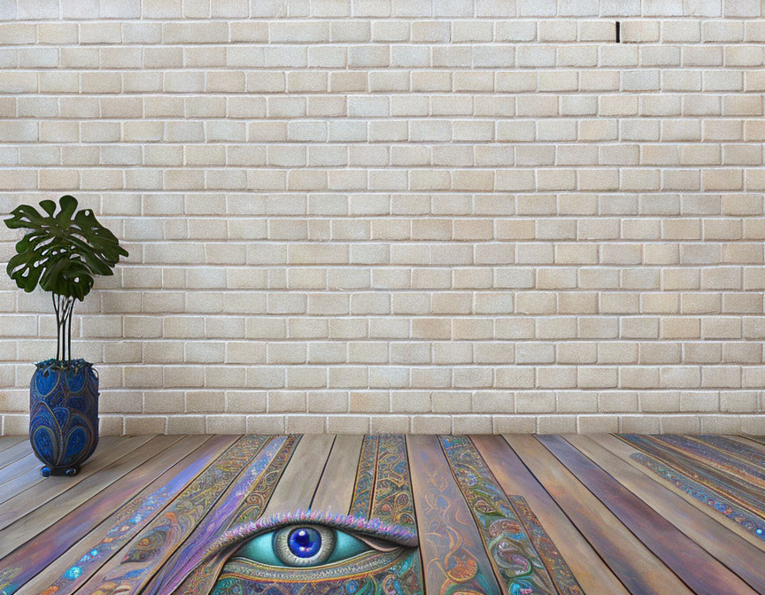 Wooden floor with eye design, brick wall, and potted plant in interior setting