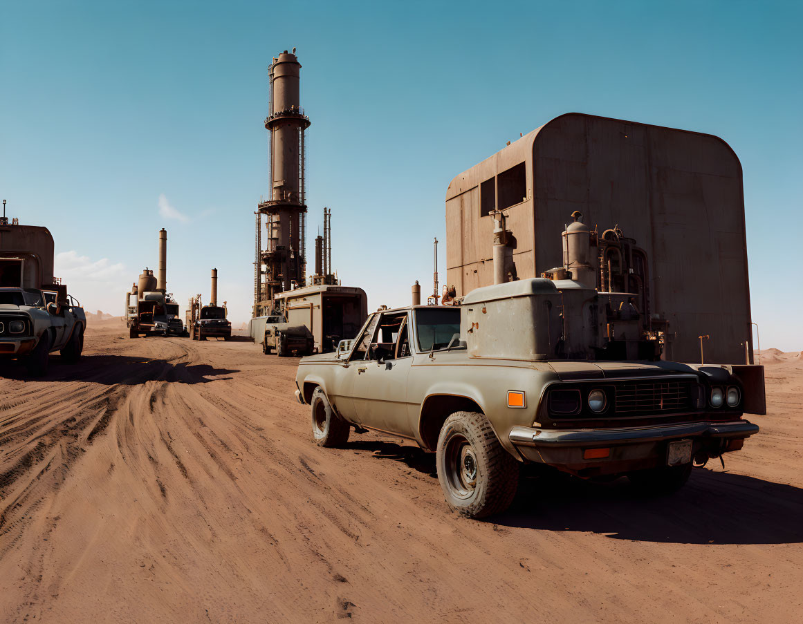 Vintage pickup truck parked near industrial towers in desert landscape