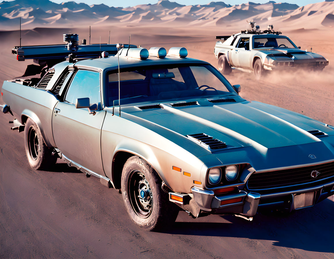 Vintage cars with custom attachments in desert landscape