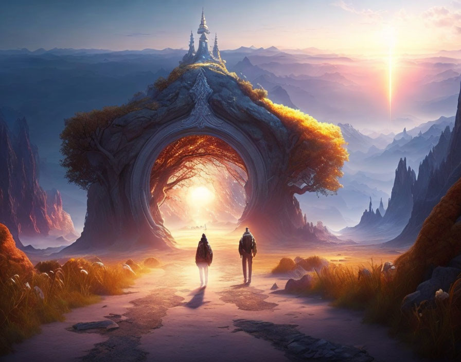 Two figures walking towards magical tree gate at sunrise in mountainous landscape