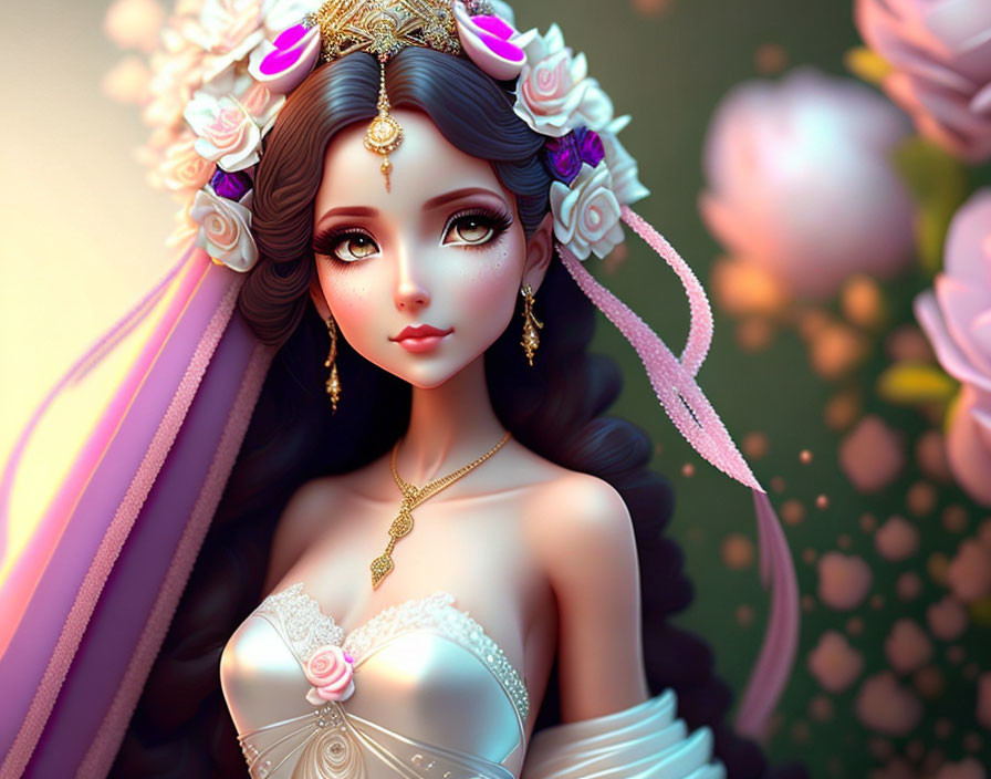 Fantasy character with expressive eyes in floral crown and magical garden