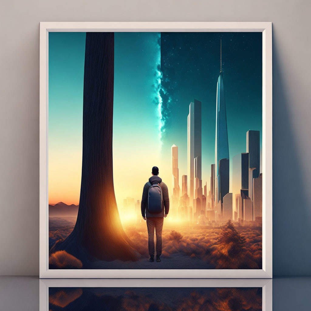 Backpacker gazes at futuristic city in forest artwork