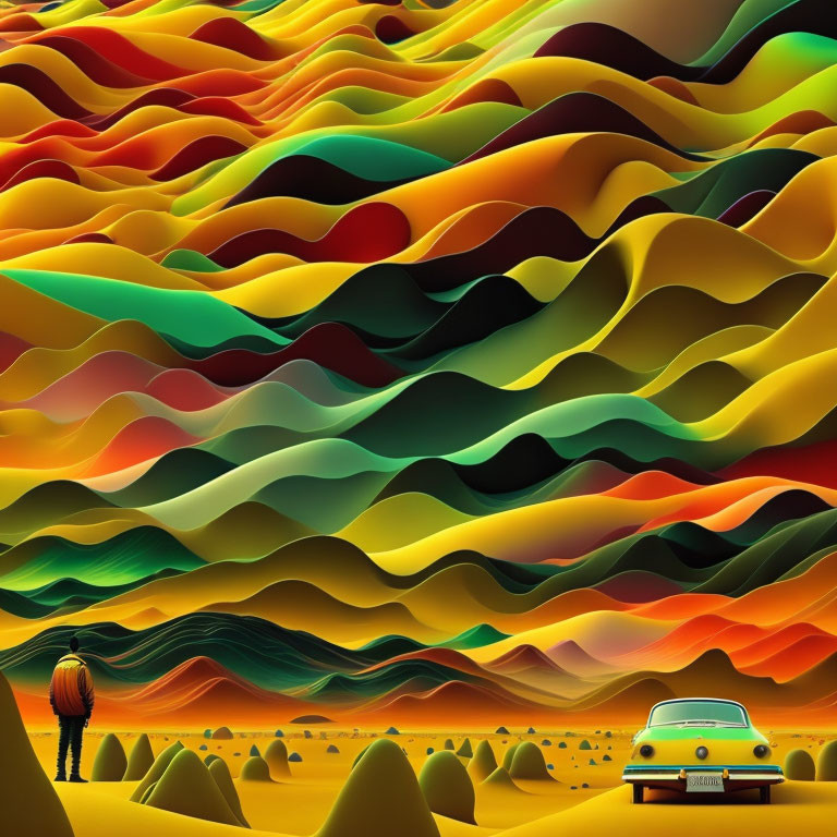 Colorful layered hills and classic car in surreal landscape