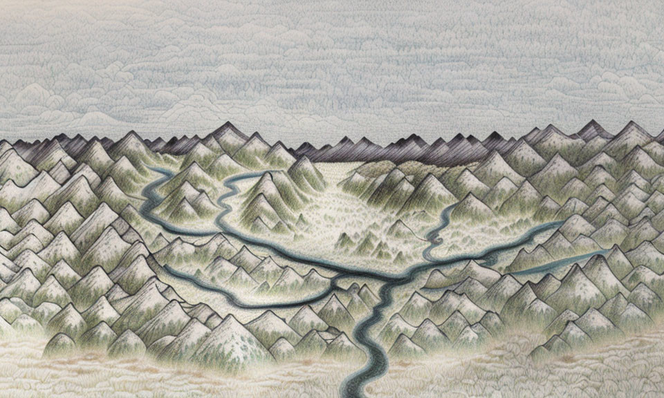 Hand-drawn landscape with rolling hills, river, and clouds