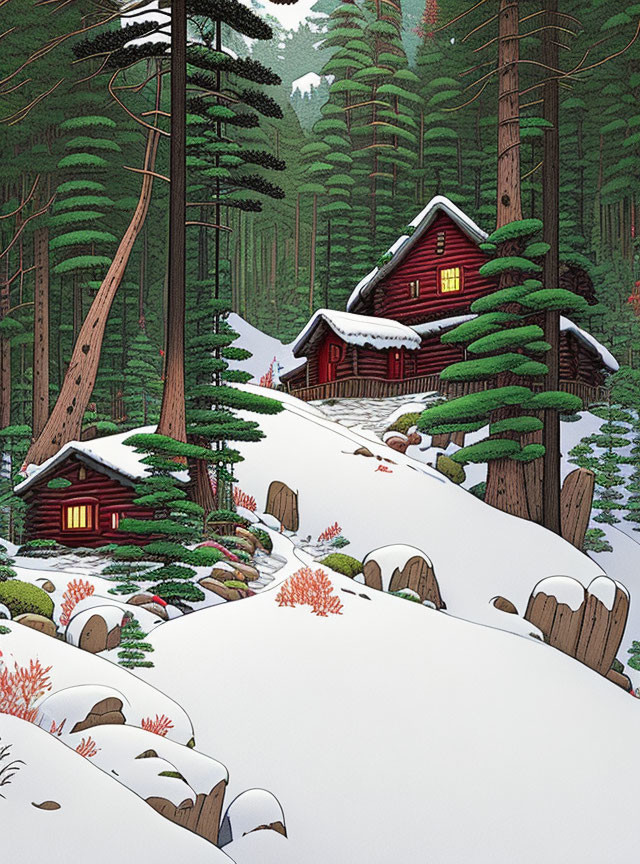 Red cabin and smaller structure in snowy forest under overcast sky