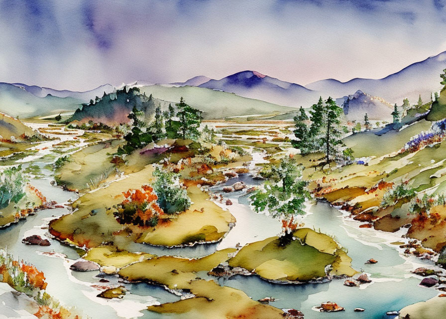 Colorful Watercolor Landscape: River, Hills & Trees