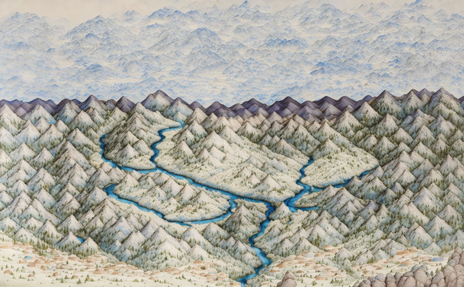 Mountainous landscape with blue river, patterned hills, and cloud-filled sky