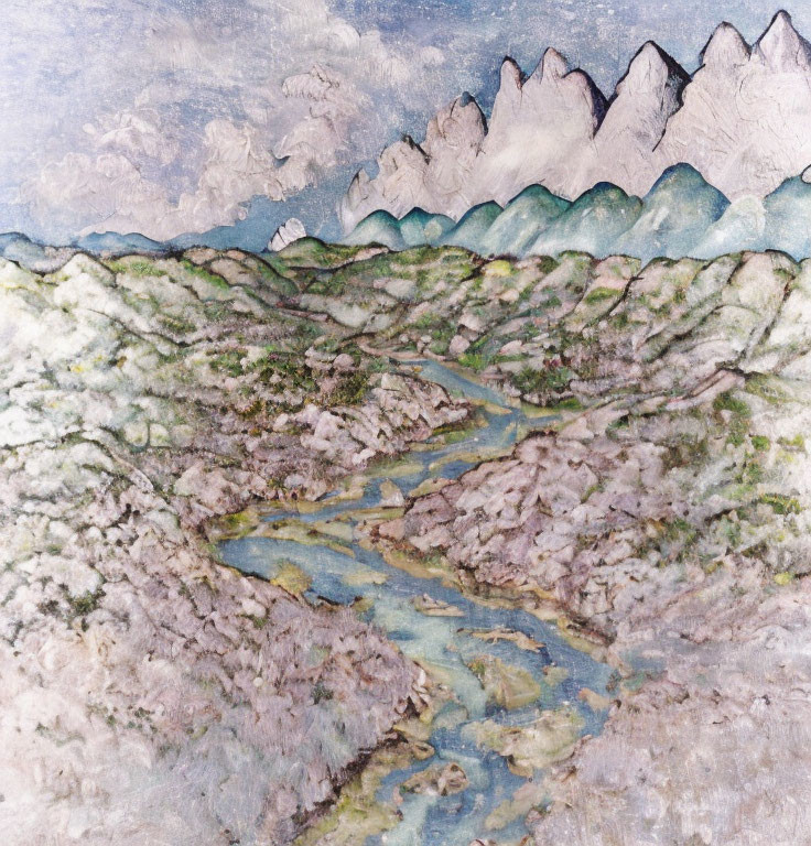 Textured painting of meandering river in rugged landscape with mountains in muted earthy tones