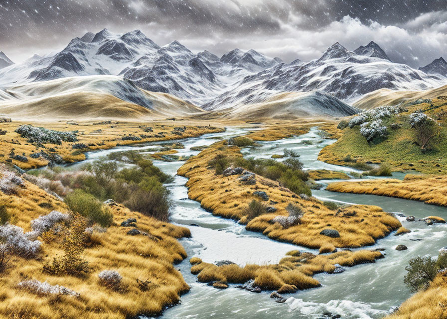 Snow-dusted valley with winding river and rugged snowy mountains