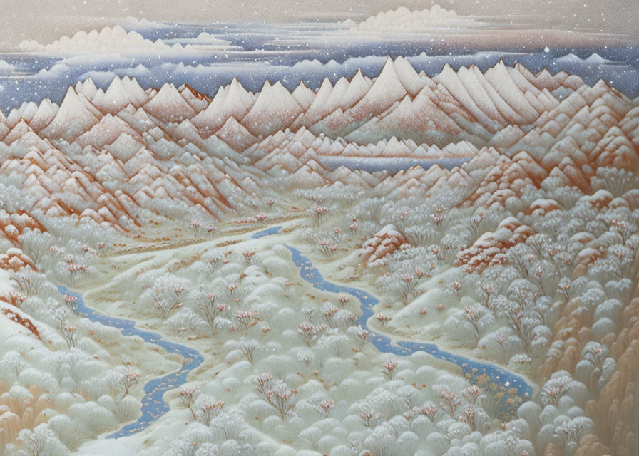 Winter landscape painting with snowy mountains, river, and frosted trees