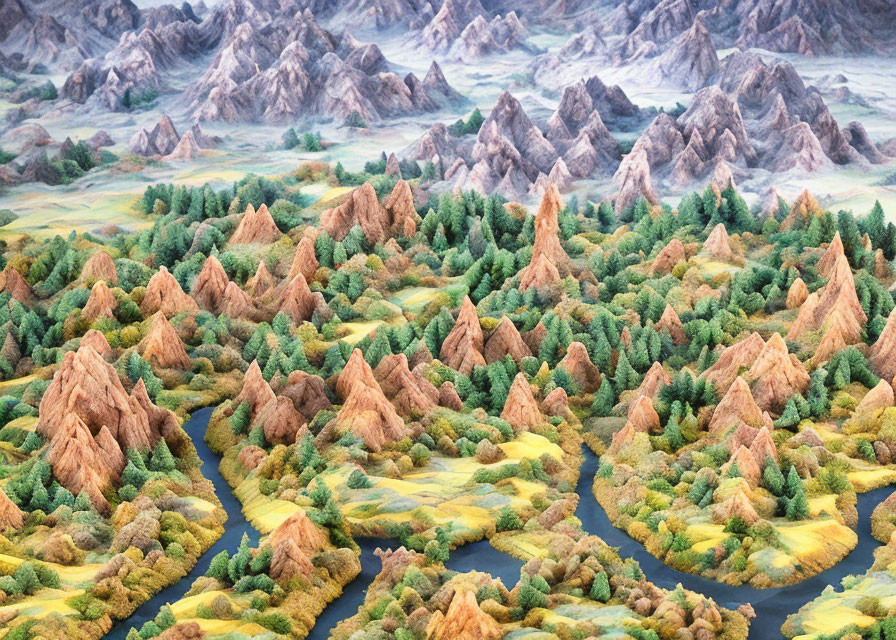 Lush Forest Landscape with Rivers and Mountains