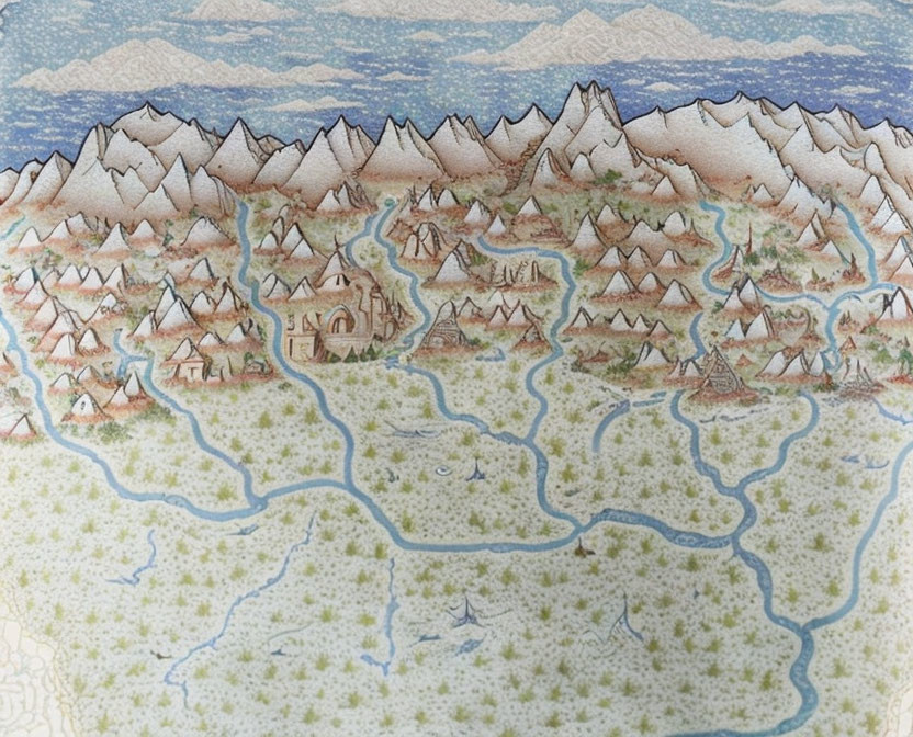 Mythical map featuring mountain range, rivers, forests, castle, and tents.