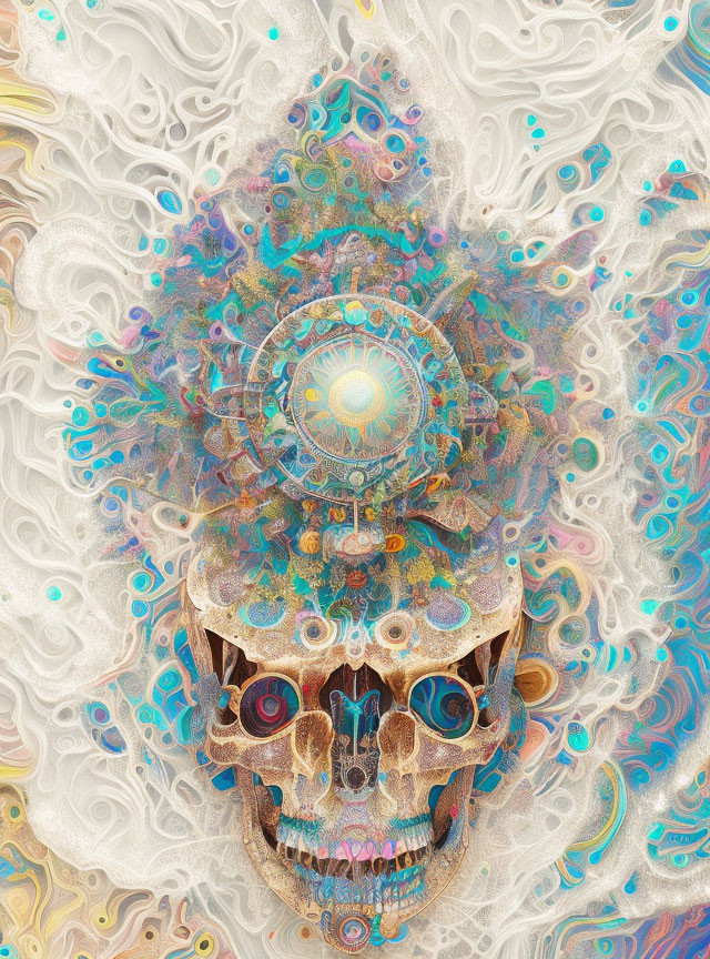 Colorful abstract digital art: ornate skull with intricate patterns and swirling colors.