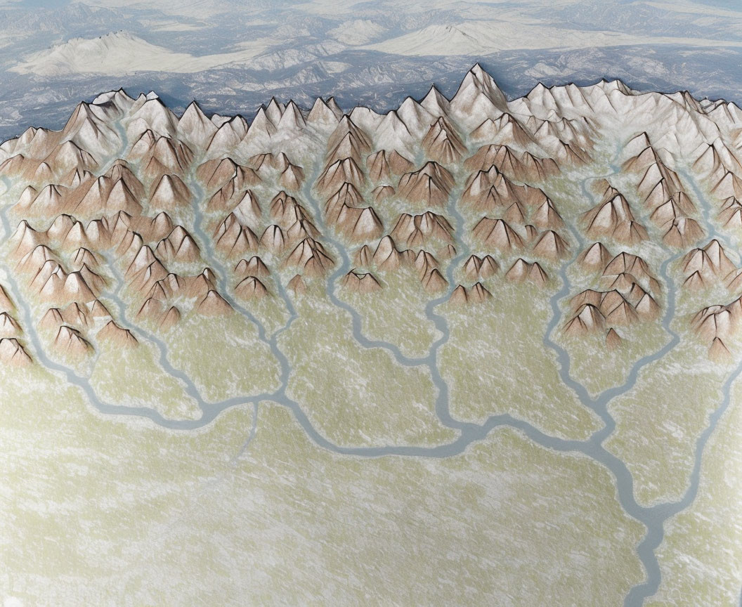 Detailed Topographic Map of Mountainous Region with Peaks, Valleys, and River