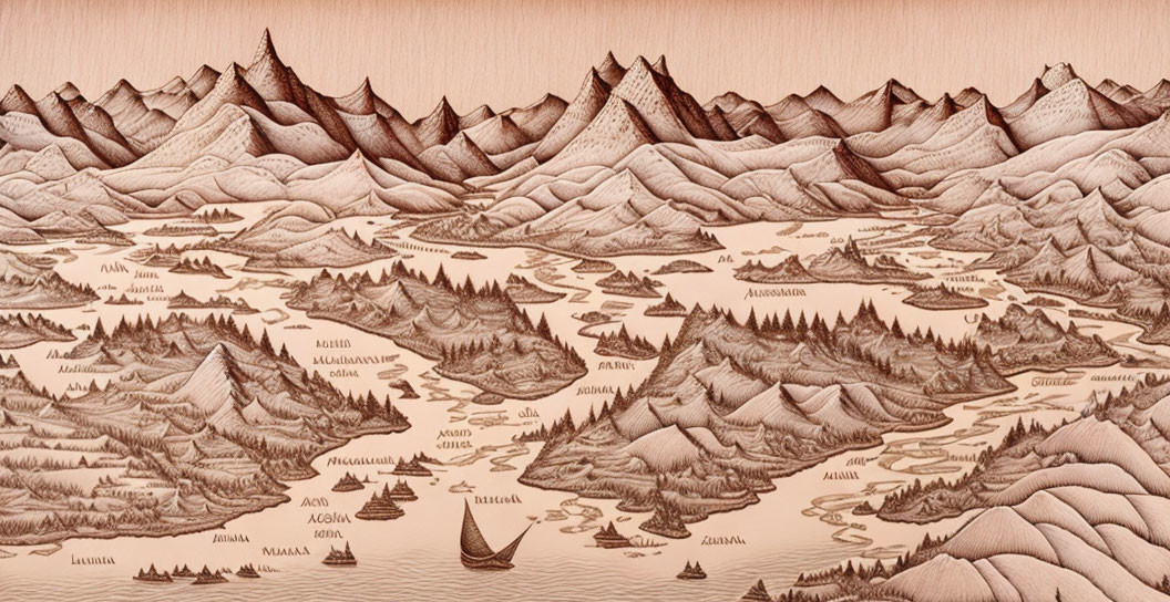 Detailed Illustration of Engraved Mountain Landscape with Ship Sailing on Sea