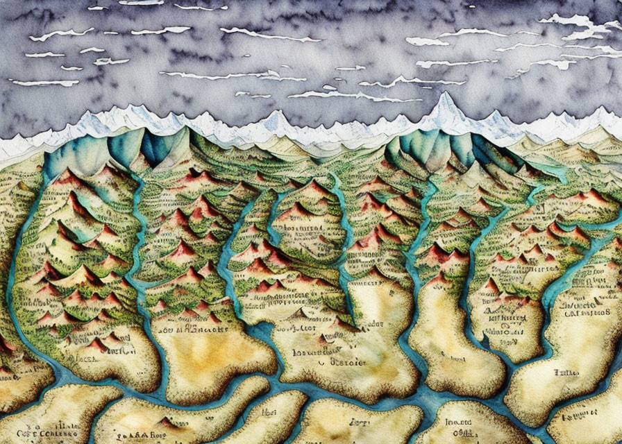 Vintage-style illustrated map featuring mountain range, forests, and imaginary regions.