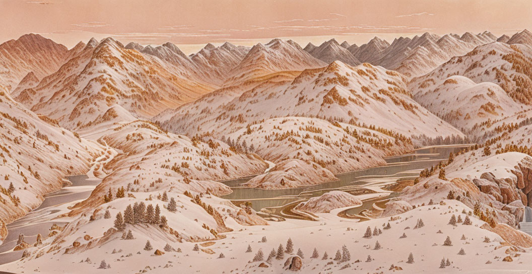 Serene mountainous landscape with winding river and snow-covered slopes