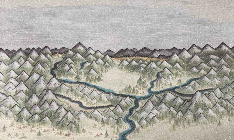 Hand-drawn snowy mountain range with river in forested valley