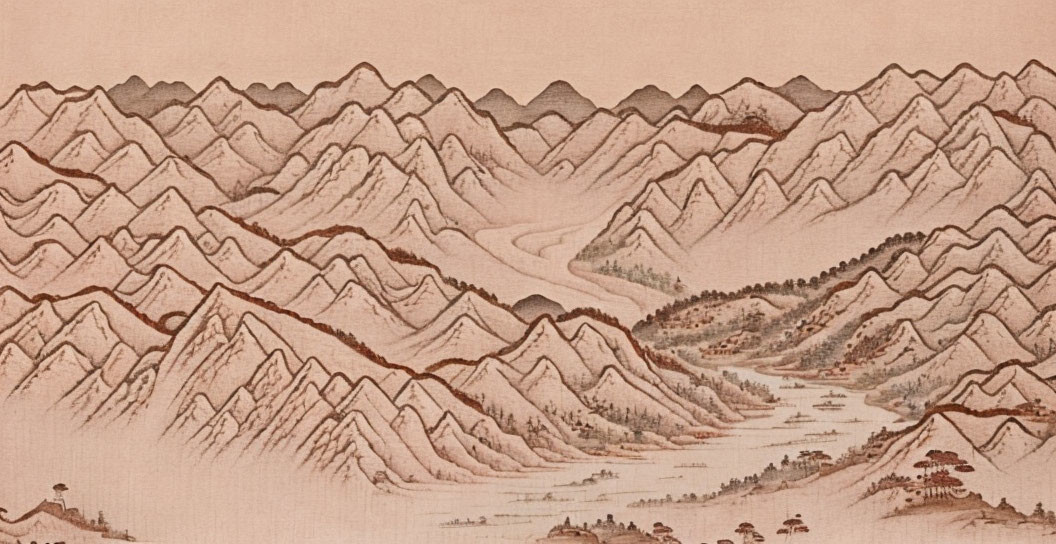 Traditional Sepia-Toned East Asian Landscape Painting of Layered Mountain Ranges