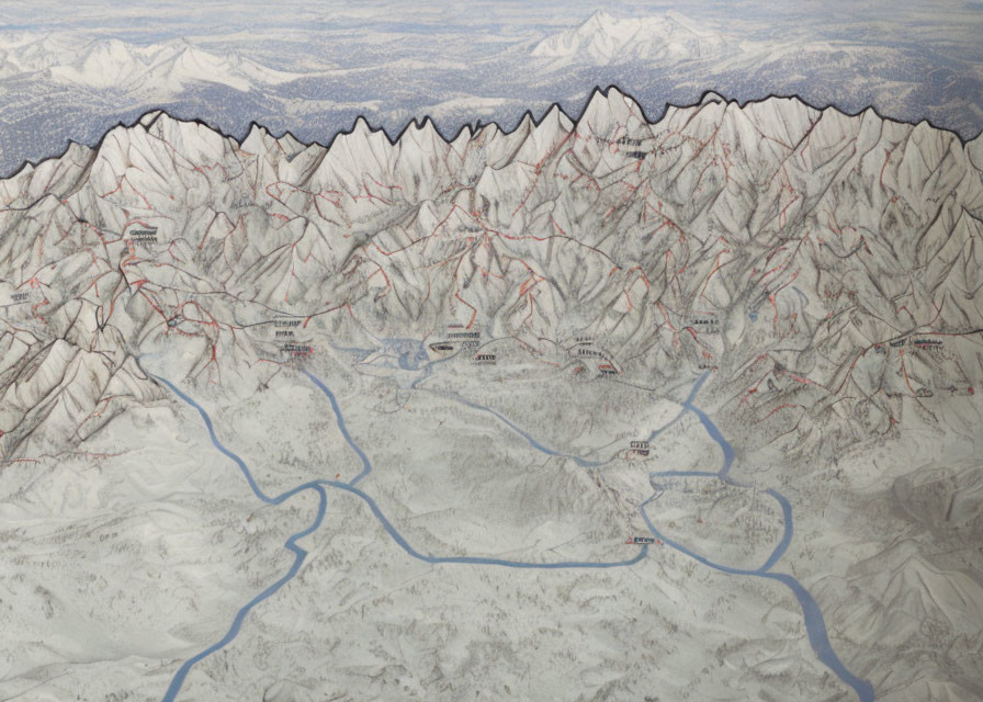 Mountainous Landscape with River Valleys and Geographic Information Routes