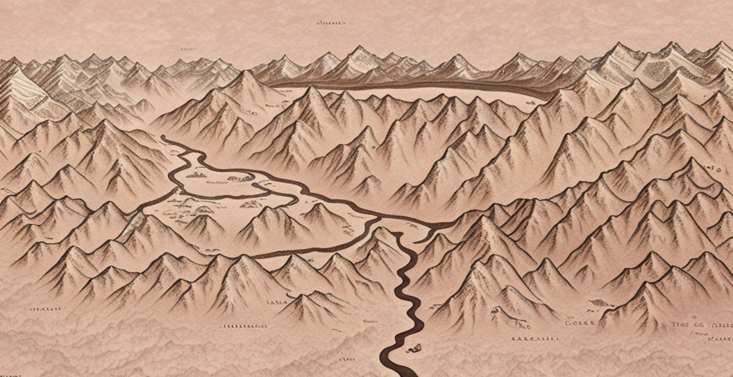 Vintage Sepia-Toned Illustrated Mountain Map with Peaks and Rivers