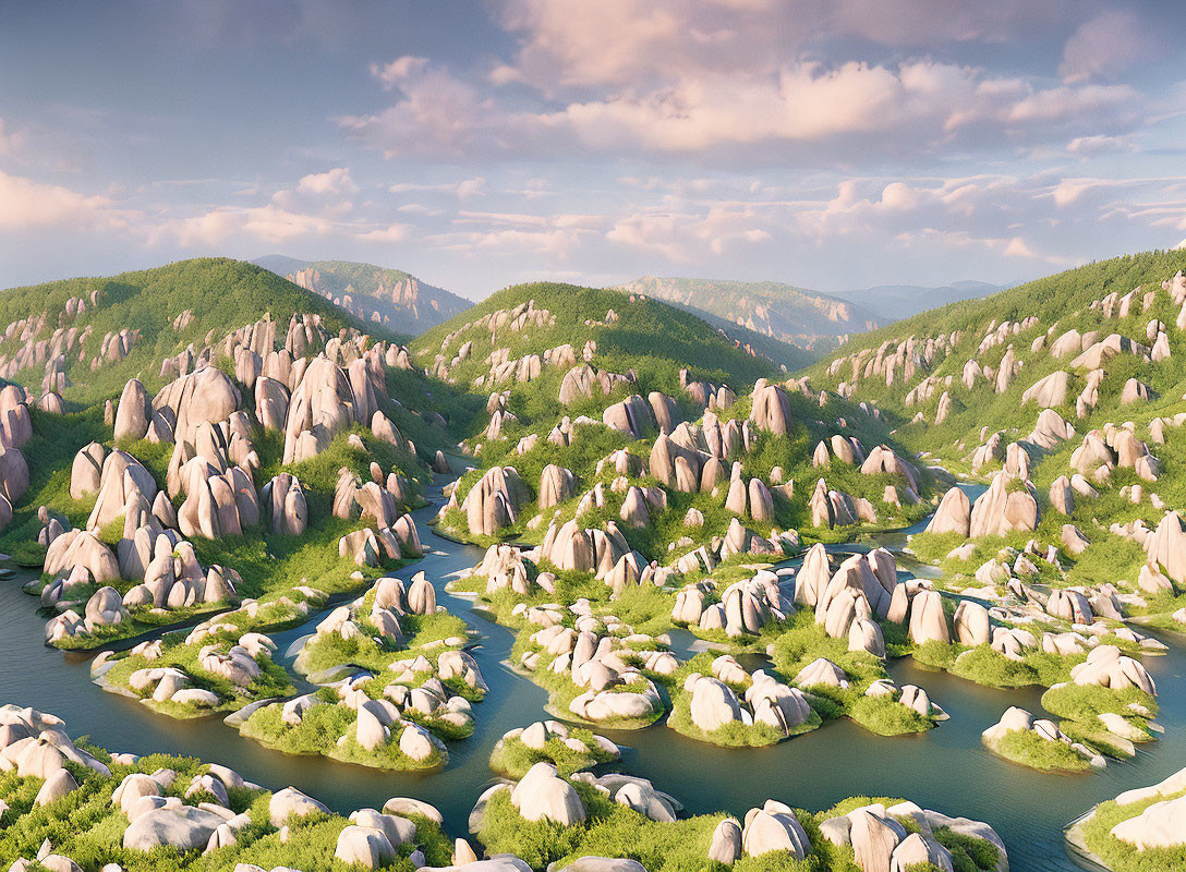 Scenic green valley with winding rivers and large boulders