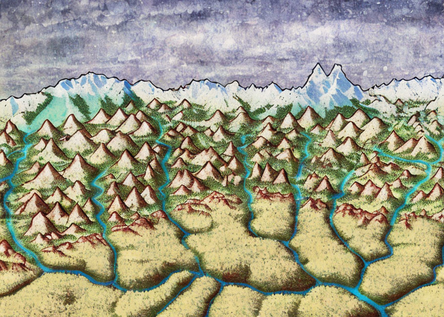 Coniferous forest and snow-capped mountains landscape illustration