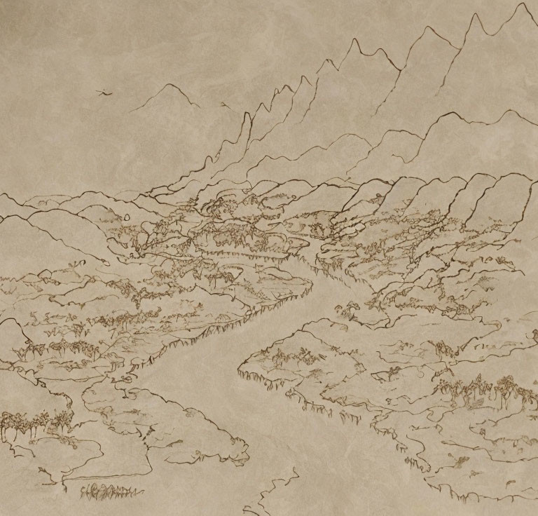 Ink sketch of mountain landscape with river, trees, and birds