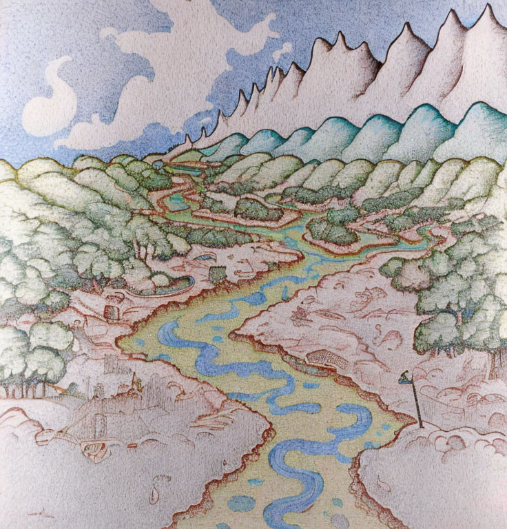 Stylized drawing of lush valley with rivers, forests, and mountains