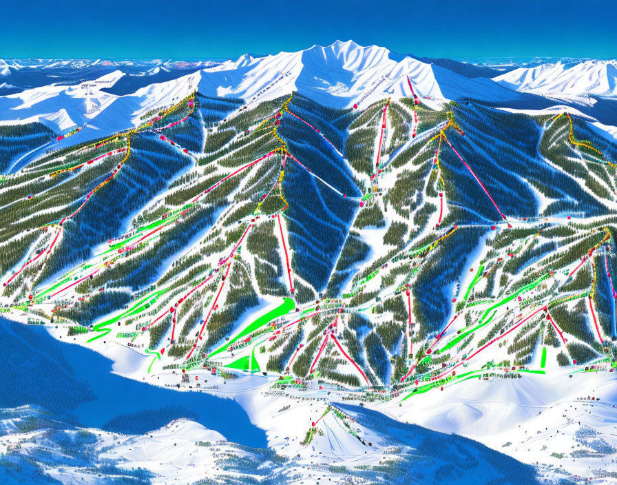 Snowy mountain ski resort with ski tracks and lifts under clear blue sky