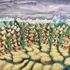 Coniferous forest and snow-capped mountains landscape illustration